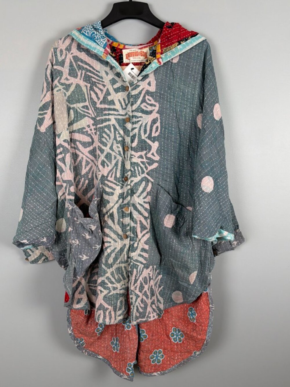 Kantha Bae Poetic Hoodie Vtg Pareo Cotton Beachy Coverup Nautical Reversible Top